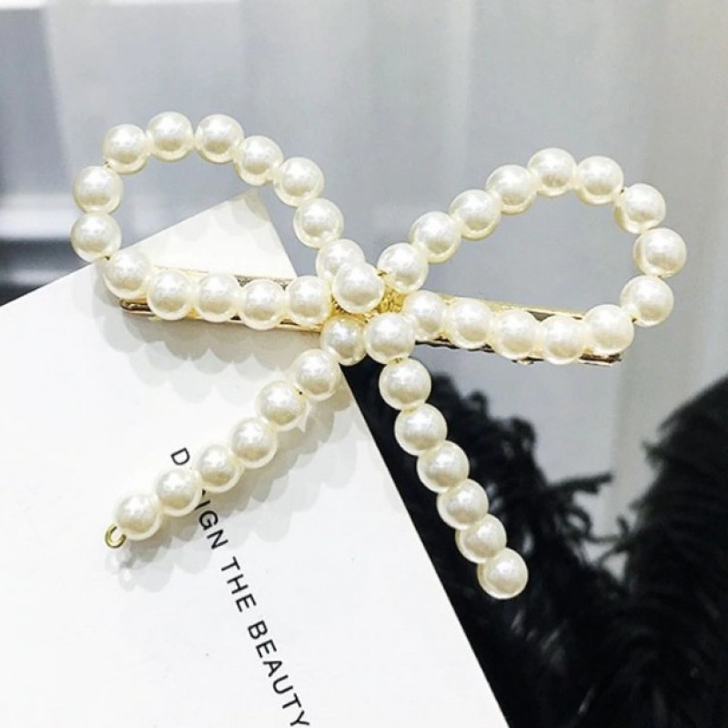 NO BRAND Big Ribbon Pearl Hair Clip